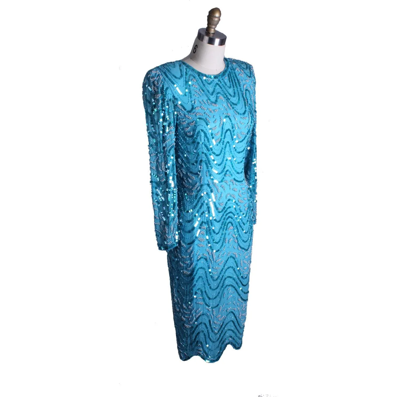 1980s Vintage Evening Glam Dress Turquoise Sequins Twilight Connection Womens M