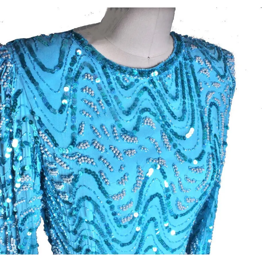 1980s Vintage Evening Glam Dress Turquoise Sequins Twilight Connection Womens M