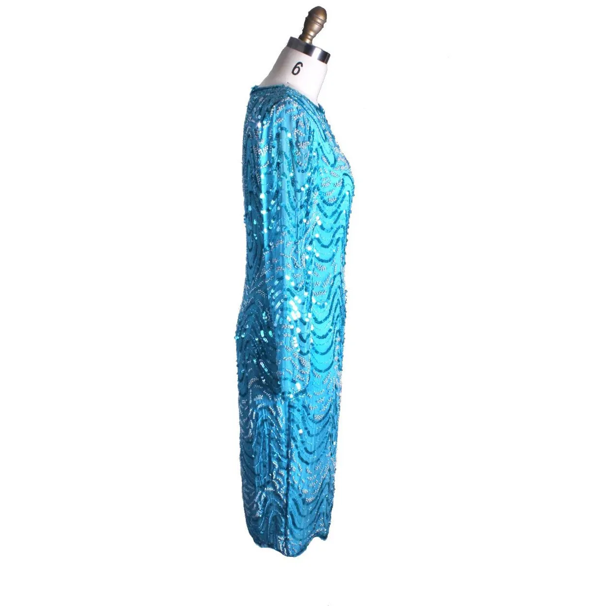 1980s Vintage Evening Glam Dress Turquoise Sequins Twilight Connection Womens M