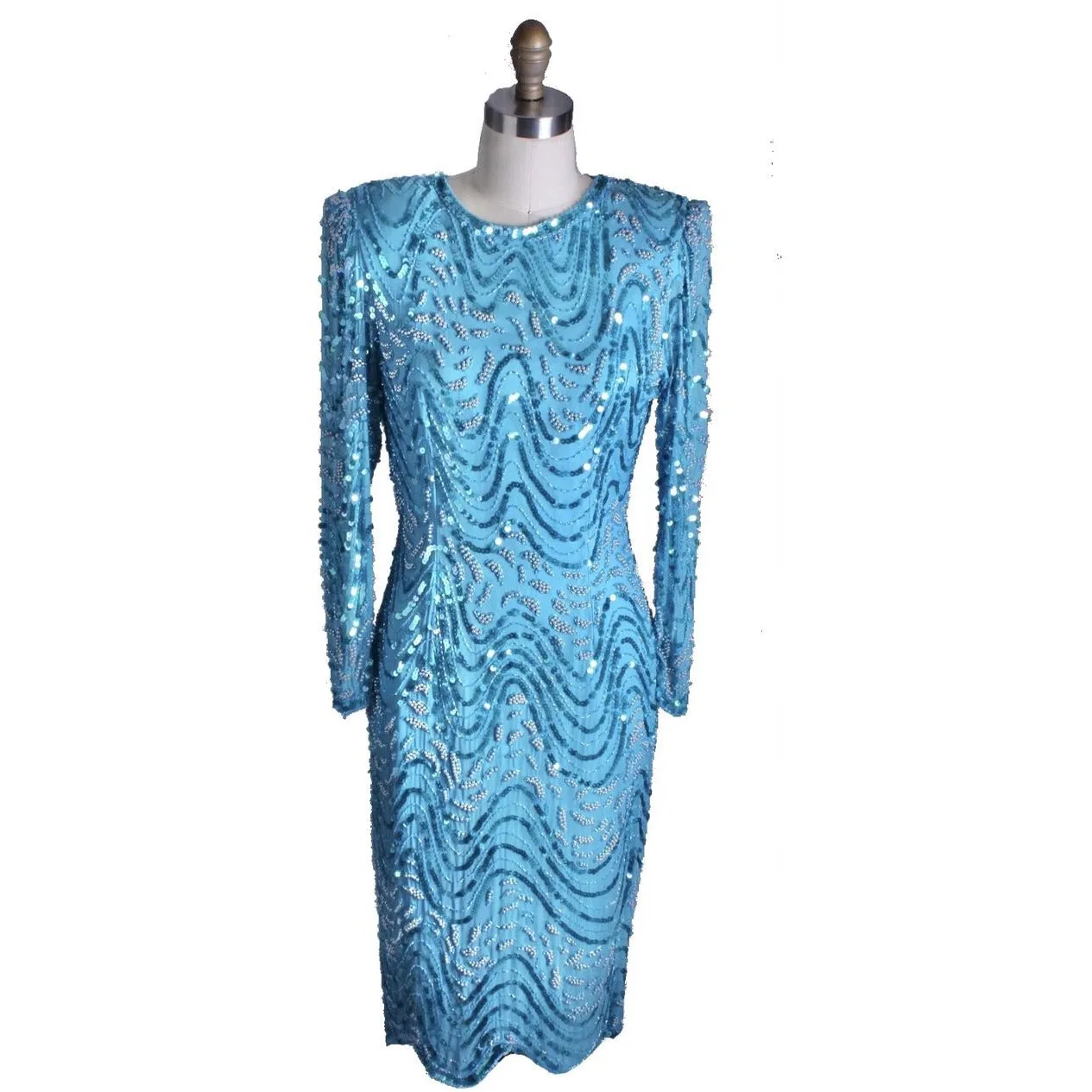 1980s Vintage Evening Glam Dress Turquoise Sequins Twilight Connection Womens M