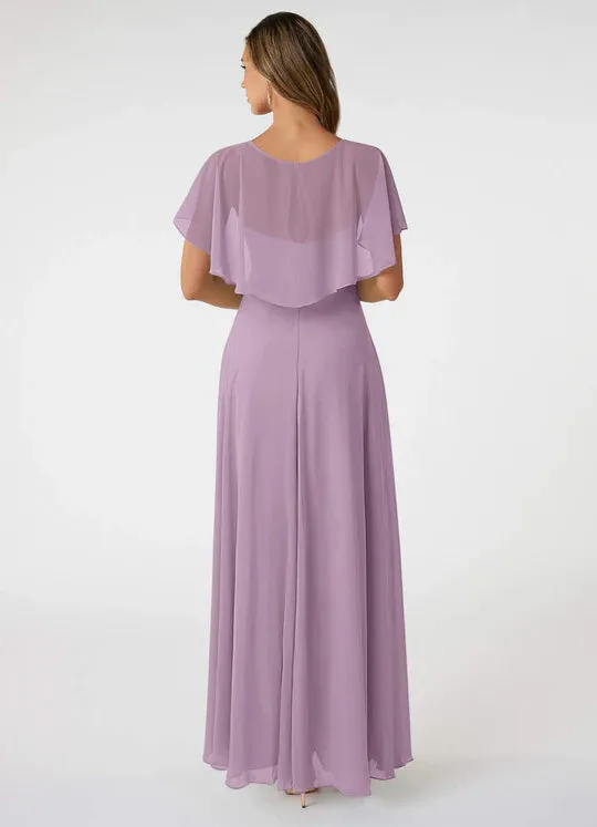 A-Line Cape Sleeves Chiffon Bridesmaid Dresses Floor-length Party Dress