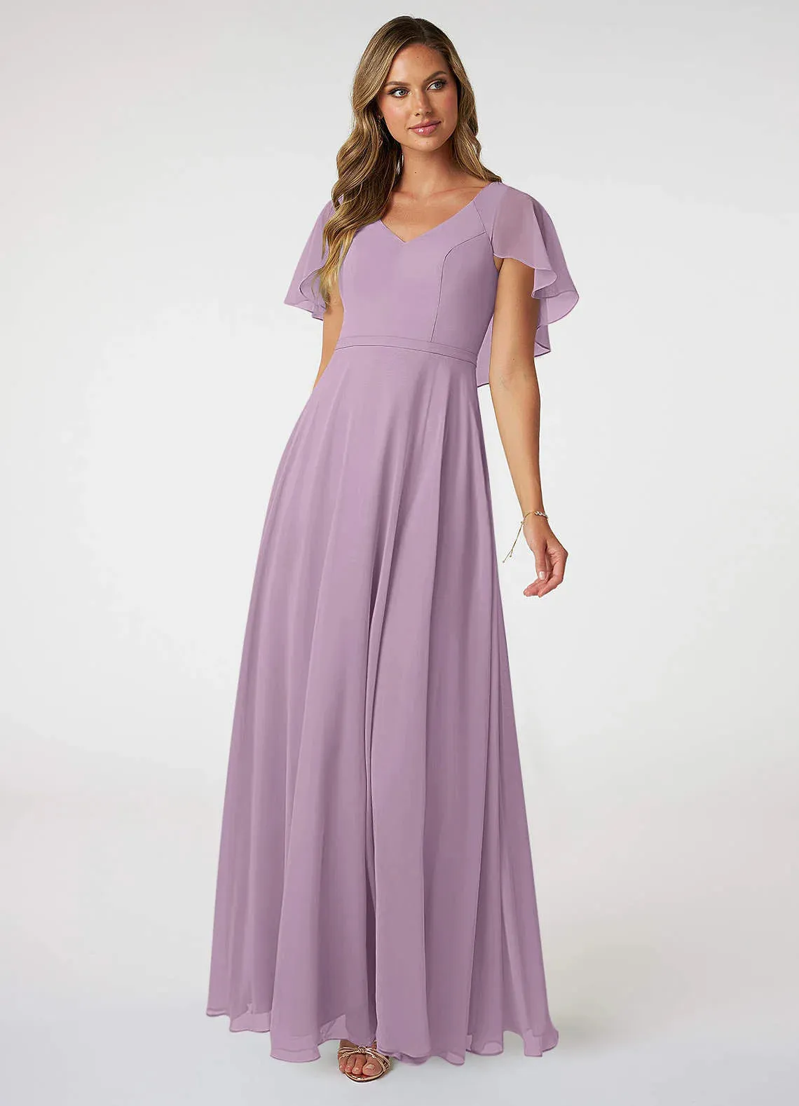 A-Line Cape Sleeves Chiffon Bridesmaid Dresses Floor-length Party Dress