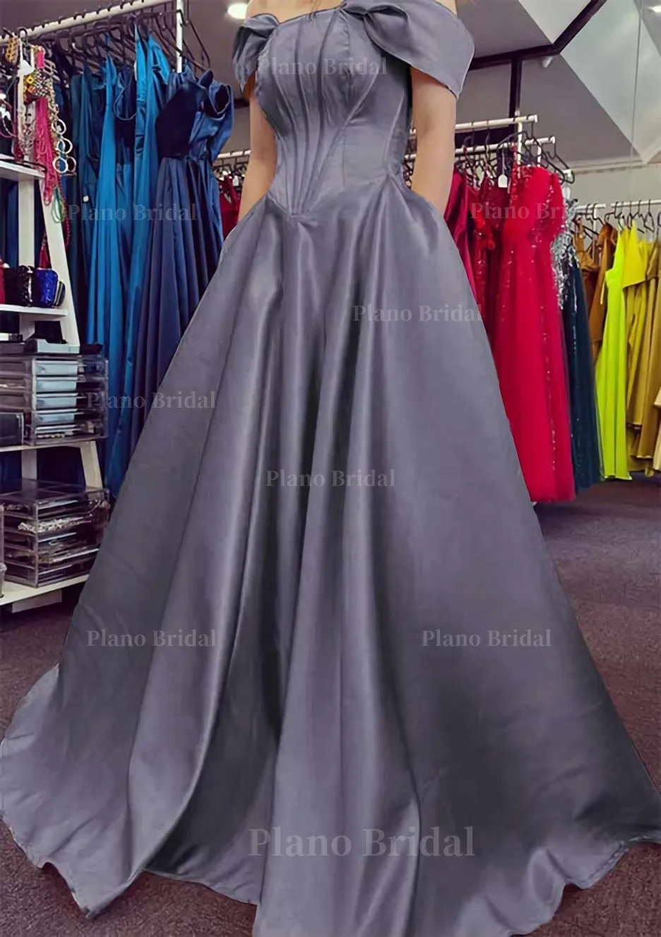 A-line Off-the-Shoulder Strapless Long/Floor-Length Satin Prom Dress With Pleated Pockets