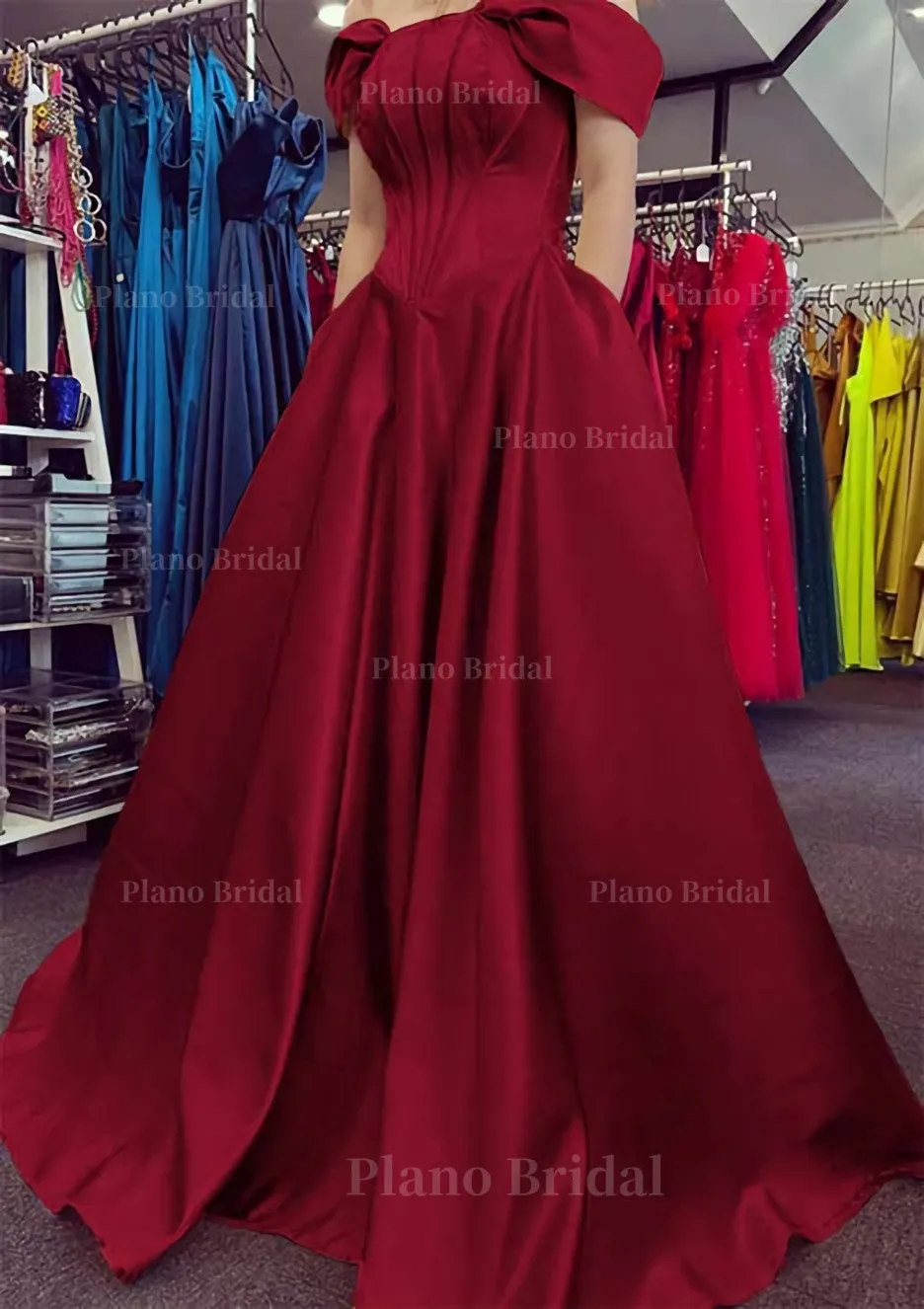 A-line Off-the-Shoulder Strapless Long/Floor-Length Satin Prom Dress With Pleated Pockets