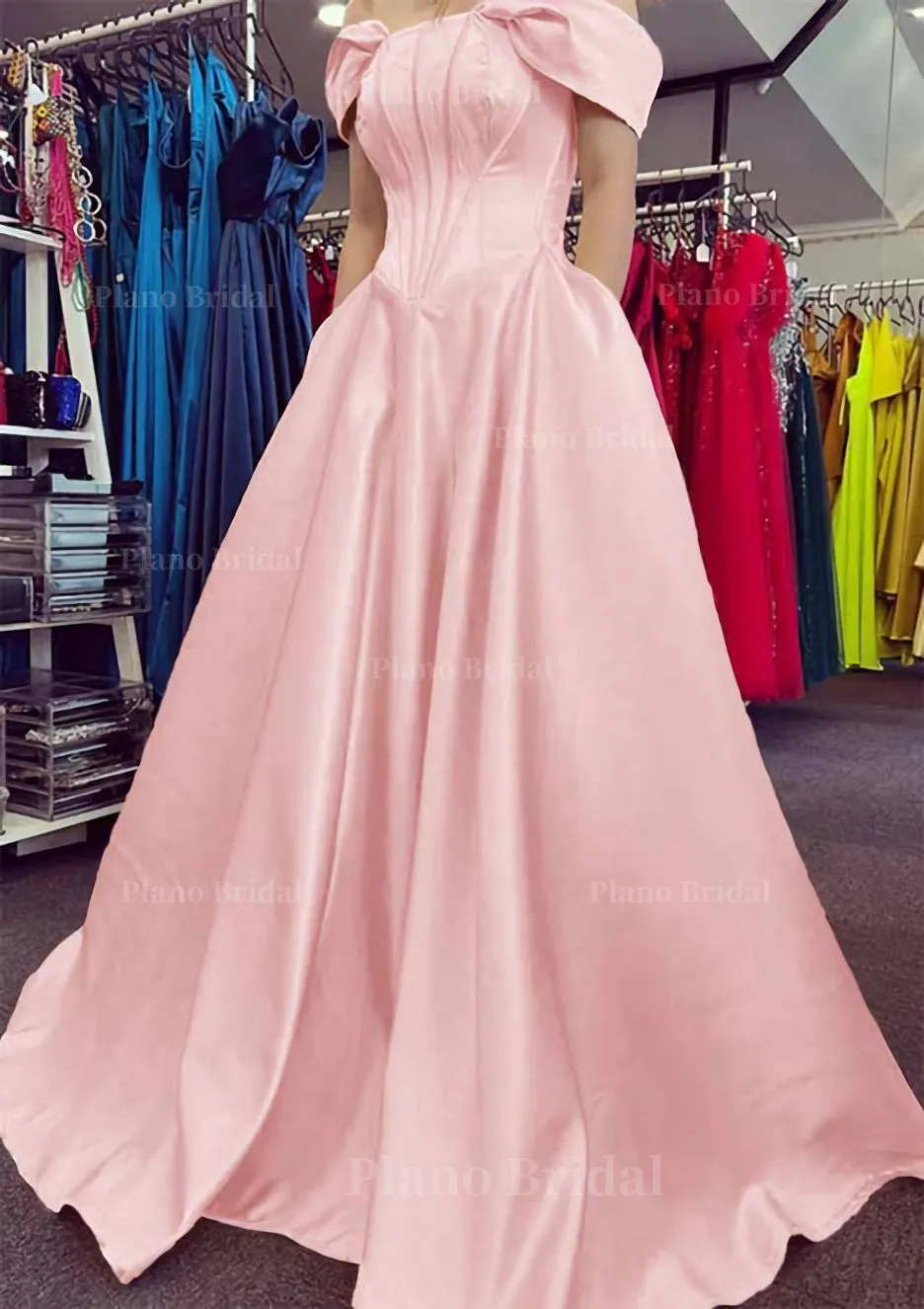 A-line Off-the-Shoulder Strapless Long/Floor-Length Satin Prom Dress With Pleated Pockets