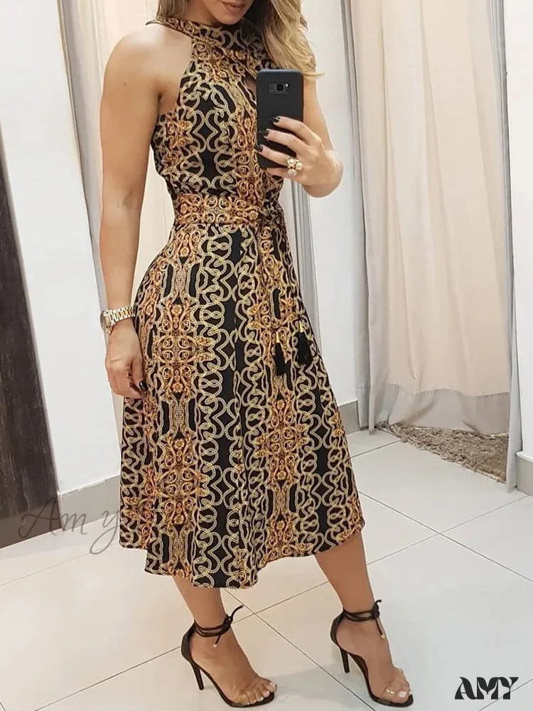 Amy Fashion - Sleeveless Baroque Print Midi Dress