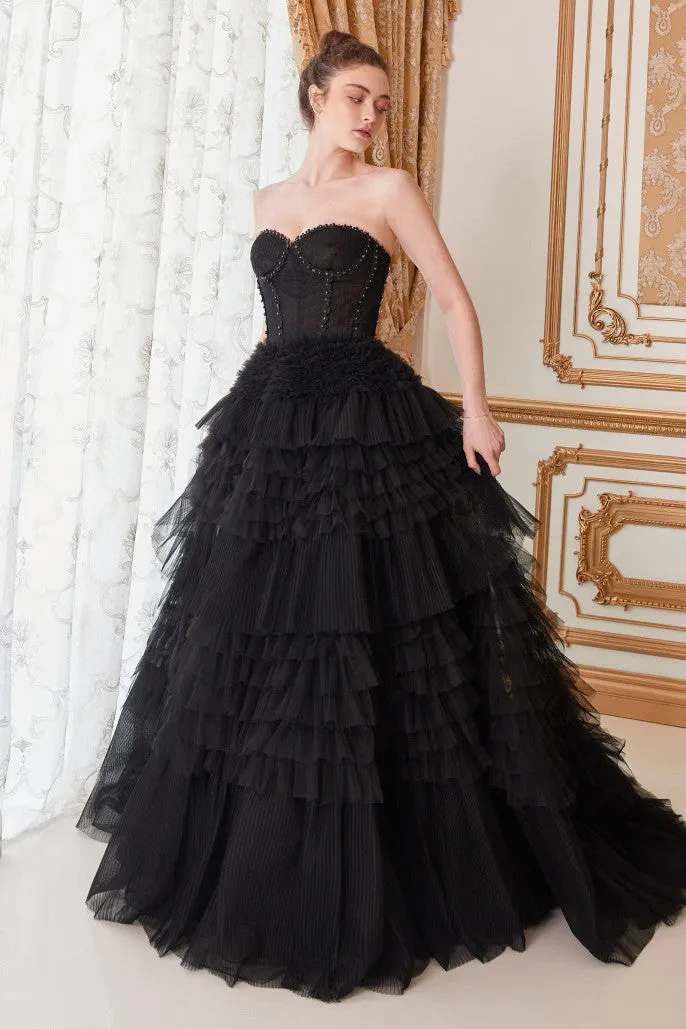 Andrea & Leo Couture A1017 Size 10 Black Luxurious Prom Dress Long Layer Pleated Ruffle Ballgown Lace Corset Formal Gown