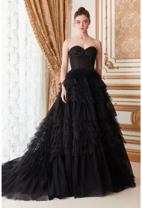 Andrea & Leo Couture A1017 Size 10 Black Luxurious Prom Dress Long Layer Pleated Ruffle Ballgown Lace Corset Formal Gown