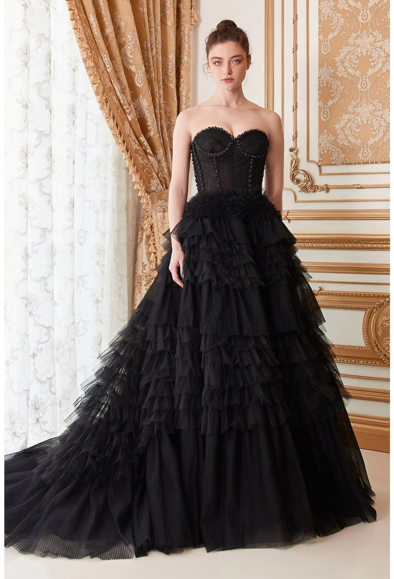 Andrea & Leo Couture A1017 Size 10 Black Luxurious Prom Dress Long Layer Pleated Ruffle Ballgown Lace Corset Formal Gown