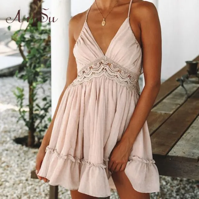 ARTSU Bohemian Halter-Style Mini Sundress