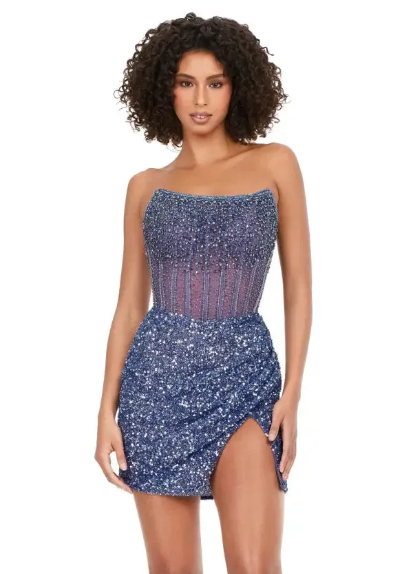 Ashley Lauren 4564 Size 10,14 Silver Beaded Cocktail Dress with Exposed Boning Sheer Short Wrap Skirt