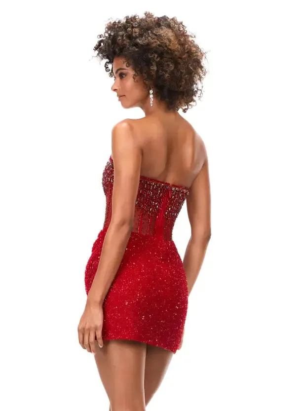 Ashley Lauren 4564 Size 10,14 Silver Beaded Cocktail Dress with Exposed Boning Sheer Short Wrap Skirt