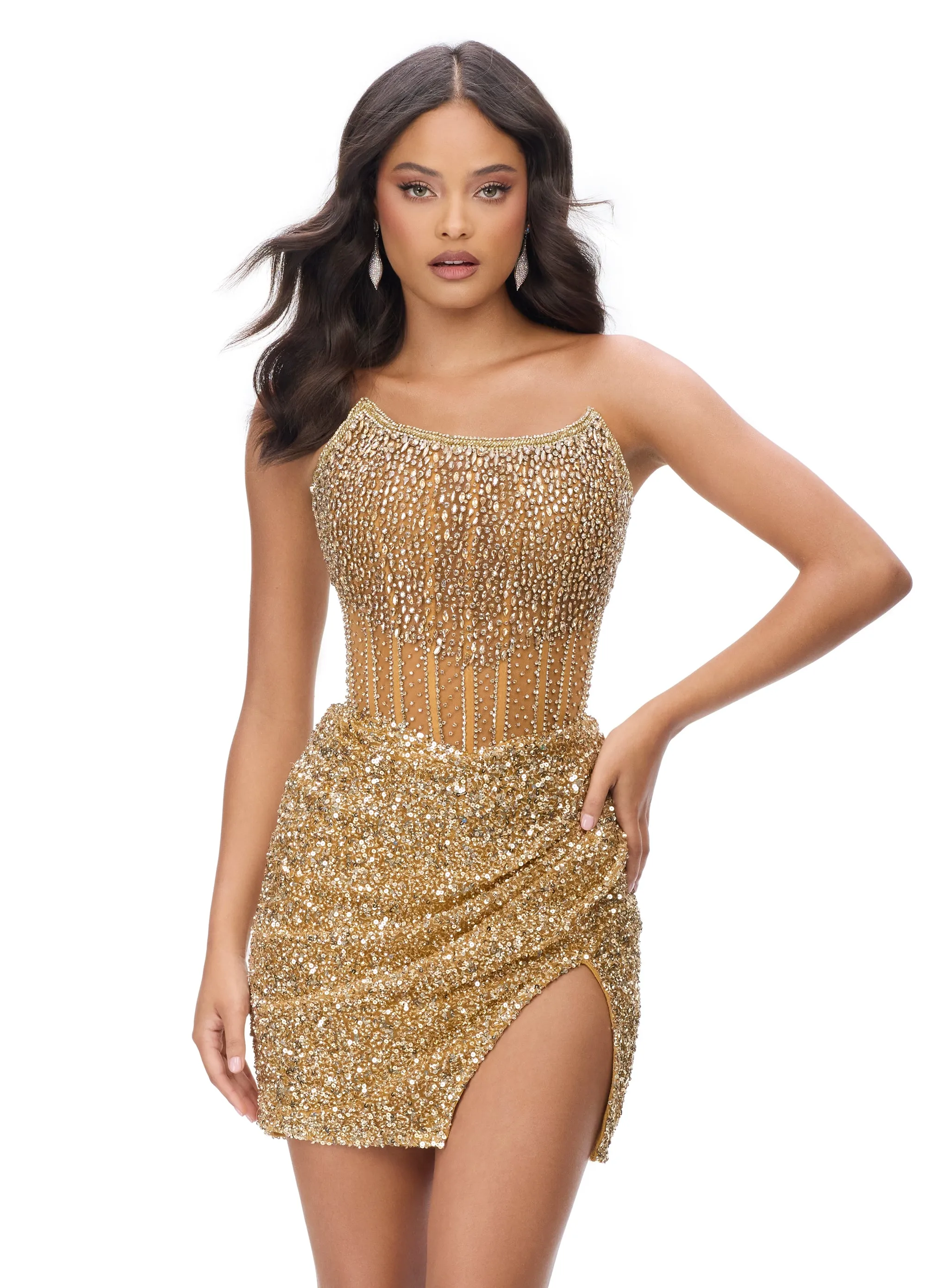 Ashley Lauren 4564 Size 10,14 Silver Beaded Cocktail Dress with Exposed Boning Sheer Short Wrap Skirt