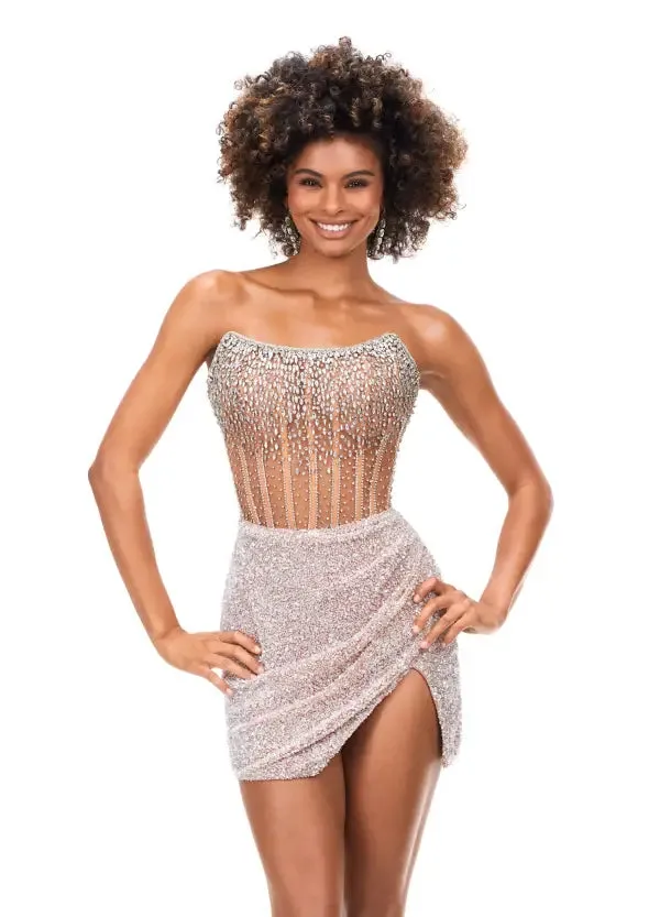 Ashley Lauren 4564 Size 10,14 Silver Beaded Cocktail Dress with Exposed Boning Sheer Short Wrap Skirt