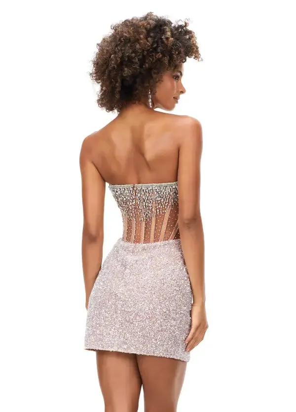 Ashley Lauren 4564 Size 10,14 Silver Beaded Cocktail Dress with Exposed Boning Sheer Short Wrap Skirt