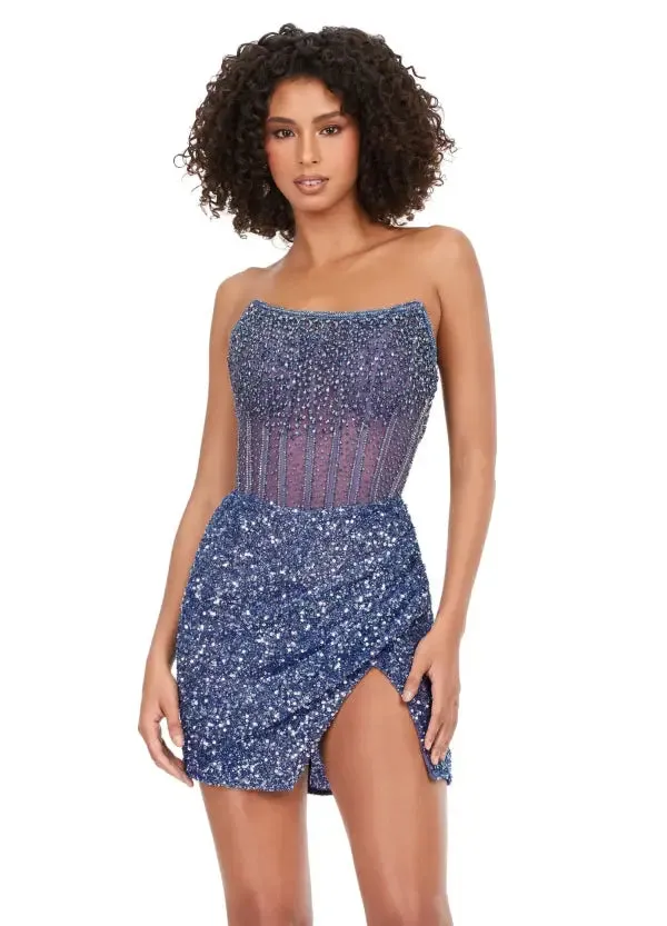 Ashley Lauren 4564 Size 10,14 Silver Beaded Cocktail Dress with Exposed Boning Sheer Short Wrap Skirt