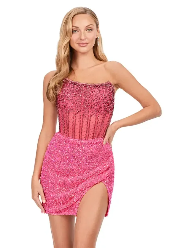 Ashley Lauren 4564 Size 10,14 Silver Beaded Cocktail Dress with Exposed Boning Sheer Short Wrap Skirt