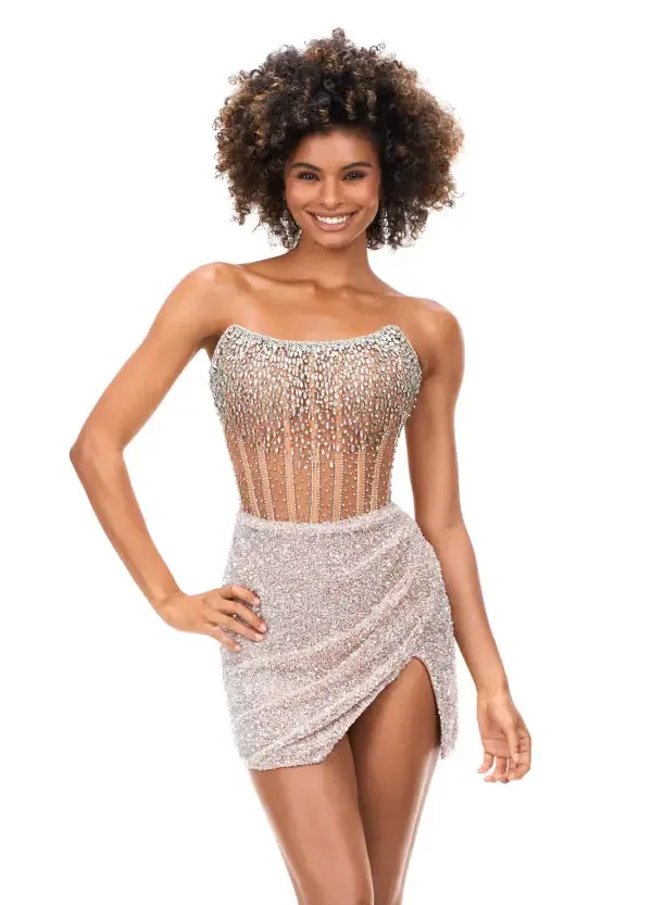 Ashley Lauren 4564 Size 10,14 Silver Beaded Cocktail Dress with Exposed Boning Sheer Short Wrap Skirt