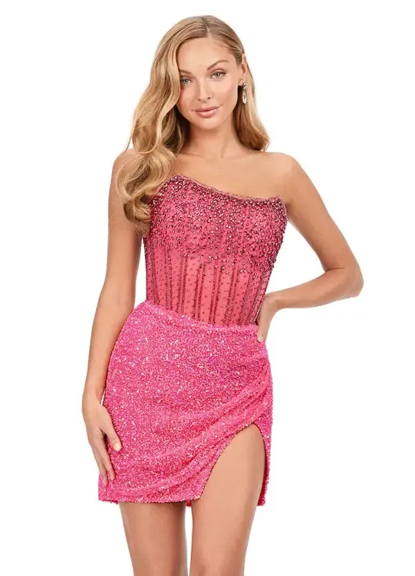 Ashley Lauren 4564 Size 10,14 Silver Beaded Cocktail Dress with Exposed Boning Sheer Short Wrap Skirt