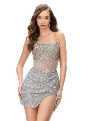 Ashley Lauren 4564 Size 10,14 Silver Beaded Cocktail Dress with Exposed Boning Sheer Short Wrap Skirt