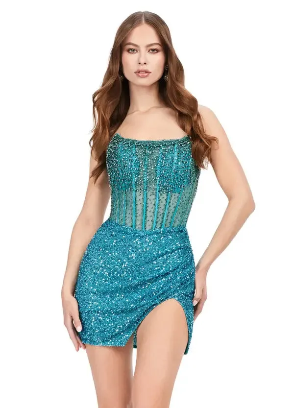 Ashley Lauren 4564 Size 10,14 Silver Beaded Cocktail Dress with Exposed Boning Sheer Short Wrap Skirt