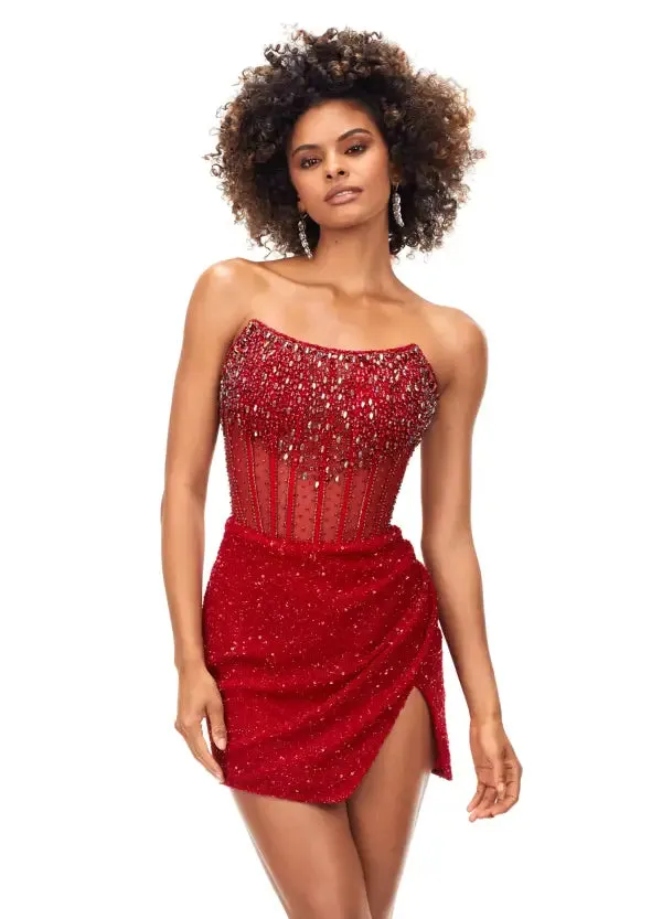 Ashley Lauren 4564 Size 10,14 Silver Beaded Cocktail Dress with Exposed Boning Sheer Short Wrap Skirt