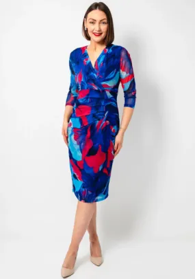 AVALON<BR>
Floral Print Mesh Wrap Dress<BR>
Royal<BR>