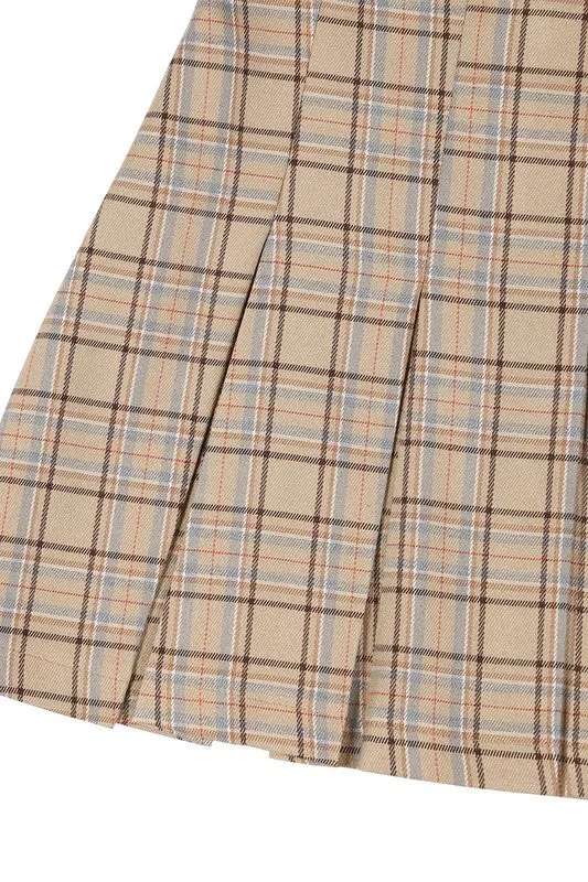 Beige Check Plaid Pleated Mini Skirt