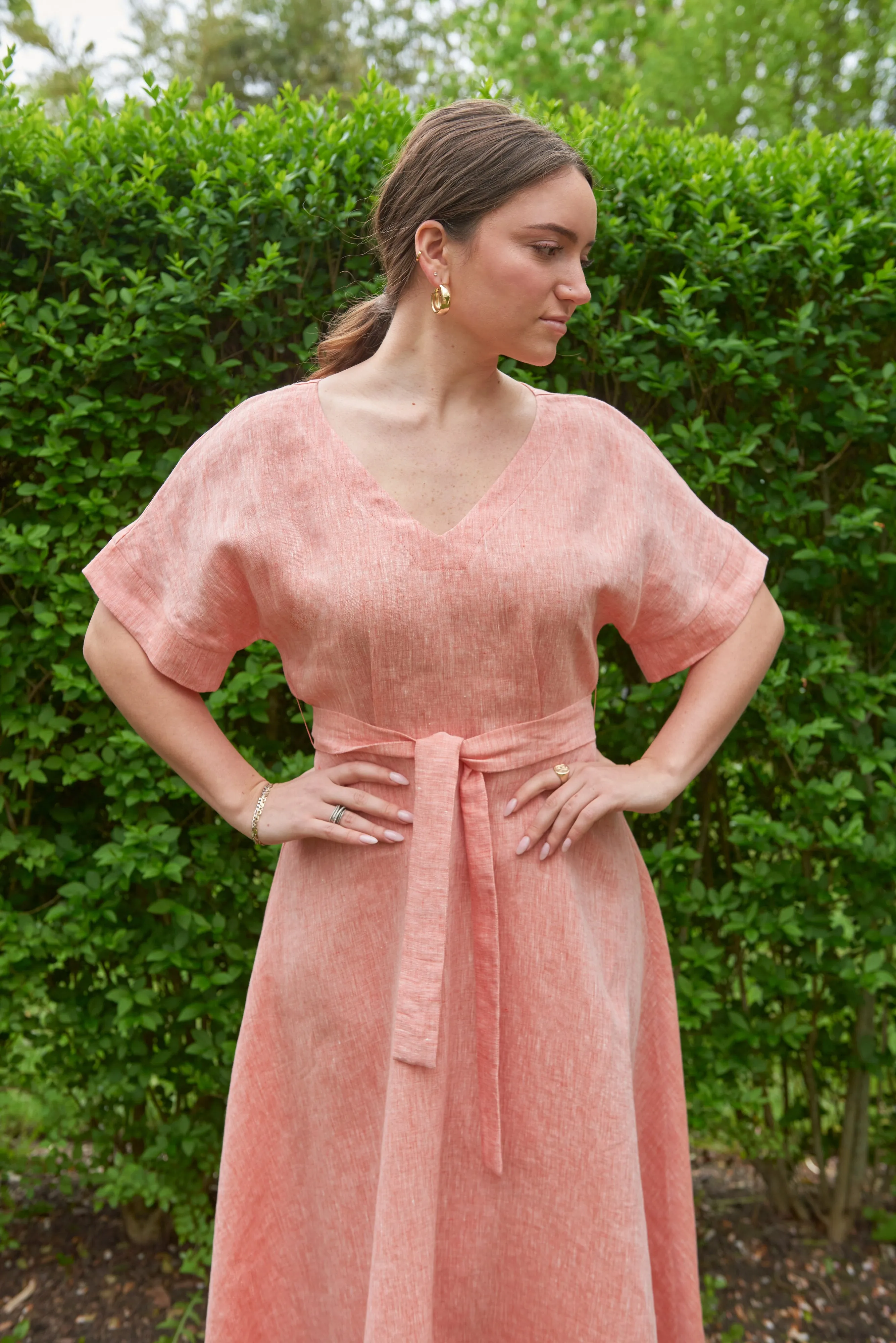 Belle - salmon orange linen kimono dress, unlined SAMPLE SALE