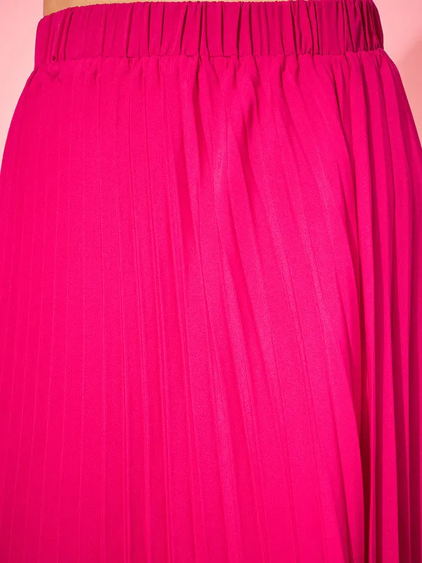 Berrylush Women Solid Pink Halter Neck Sleeveless Pleated Crop Top & Slip-On Maxi Skirt Co-Ord Set