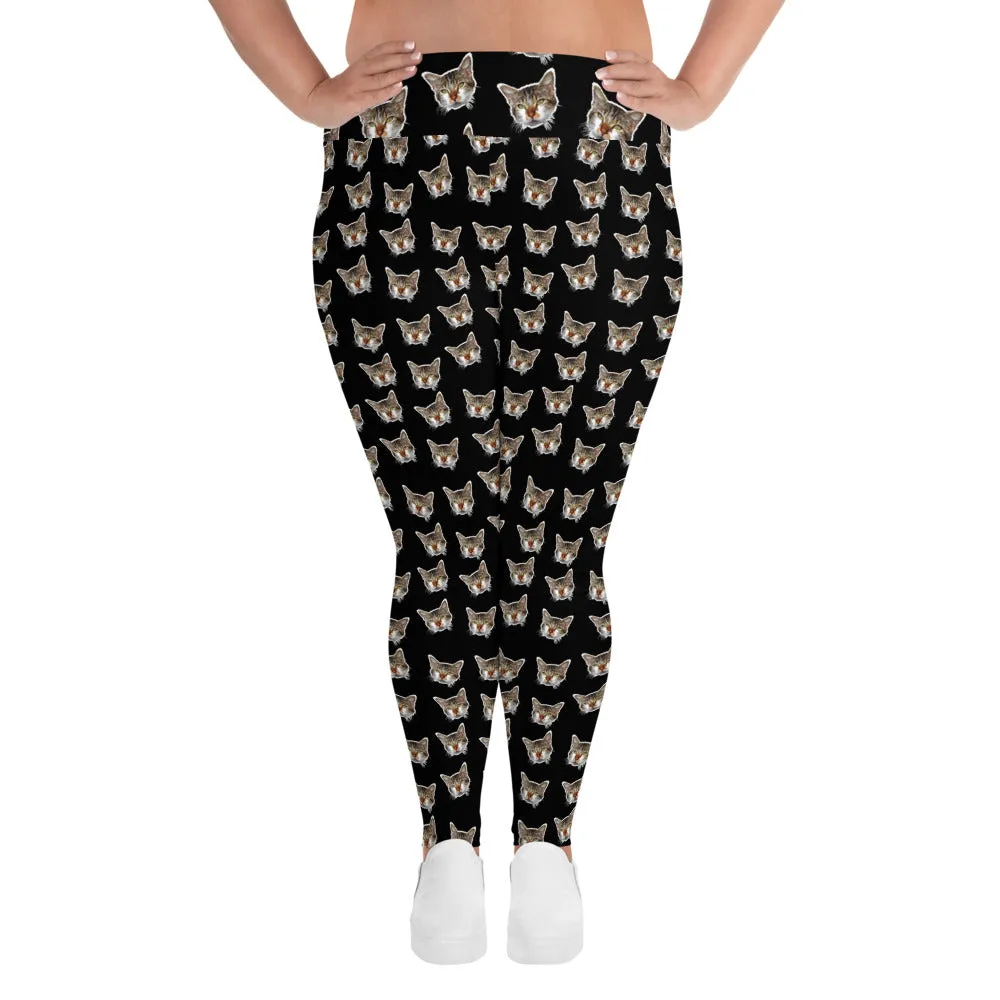 Black Cat Print Plus Size Leggings, Cute Cute Long Yoga Pants For Curvy Ladies- Made in USA/EU