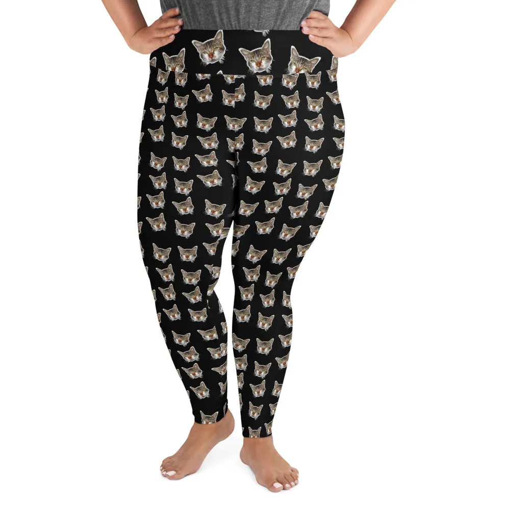 Black Cat Print Plus Size Leggings, Cute Cute Long Yoga Pants For Curvy Ladies- Made in USA/EU