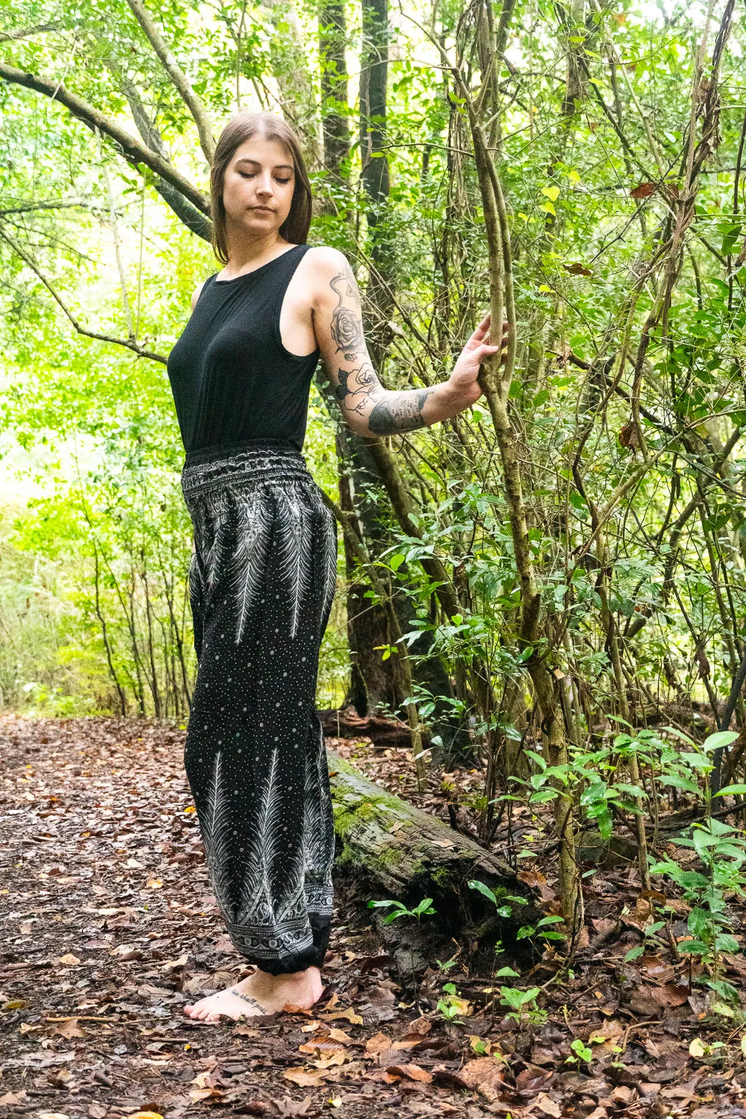 Black Peacock Light Feather Harem Pants