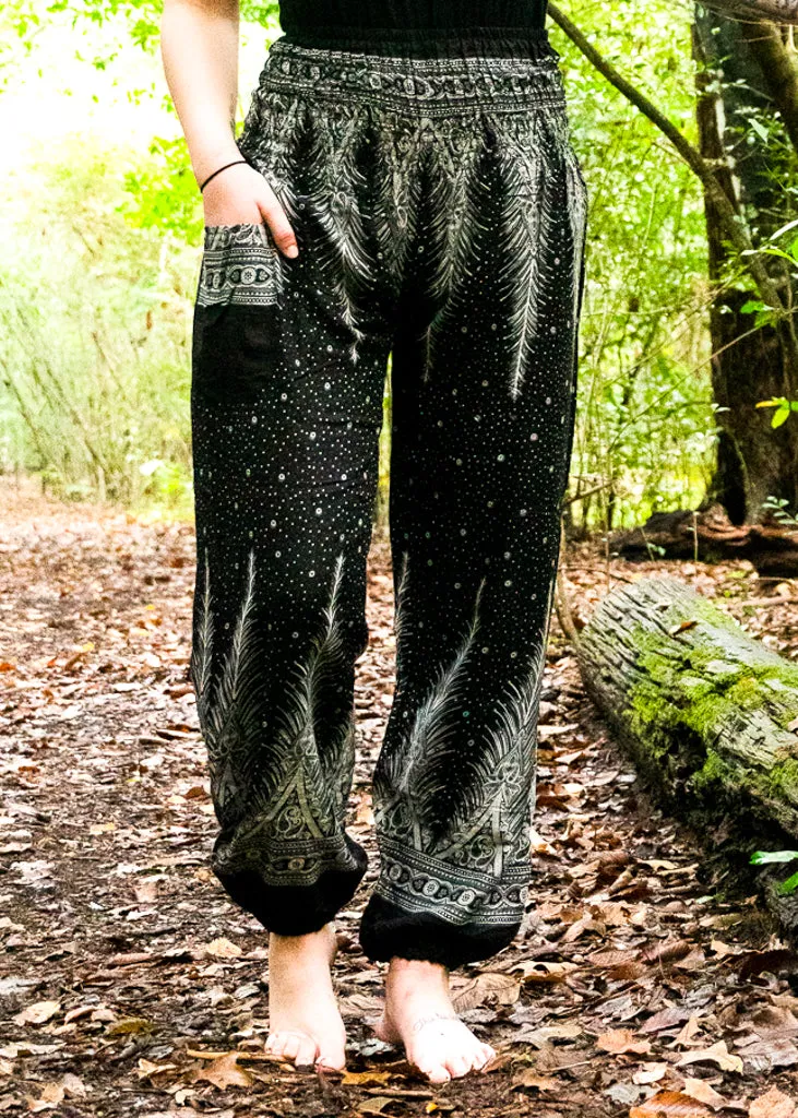 Black Peacock Light Feather Harem Pants