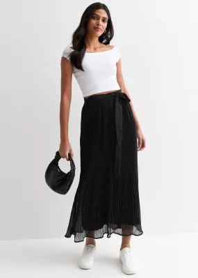 Black Pleated Belt Detail Midi Skirt