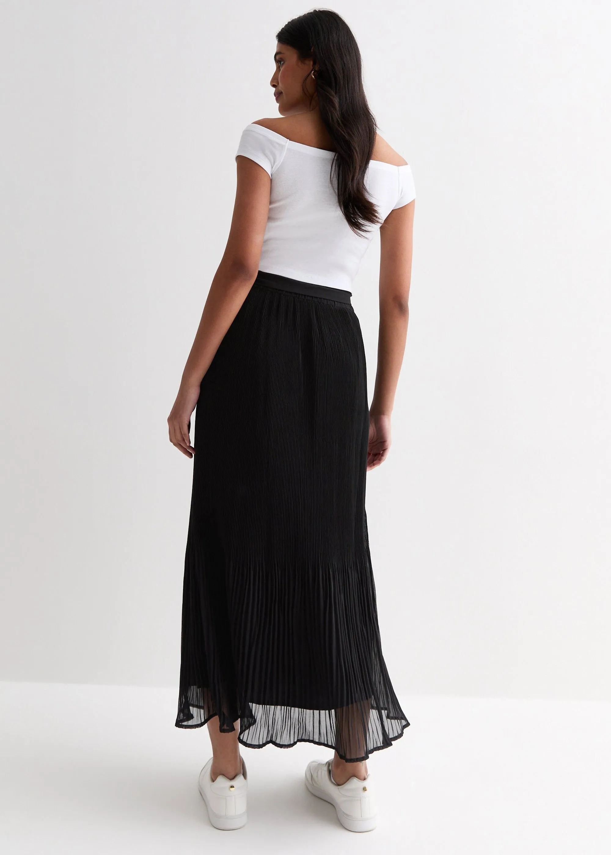 Black Pleated Belt Detail Midi Skirt