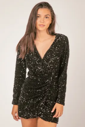 Black Sequin Glitter Holiday Party Wrap Mini Dress