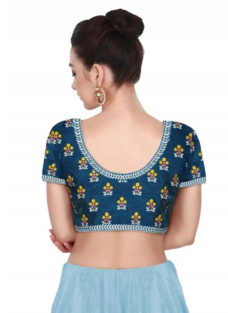 Blue Color Round Neck Embroidered Worked Blouse