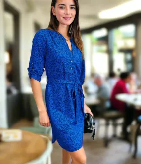 Blue Dotty Print Belted Shirt Dress