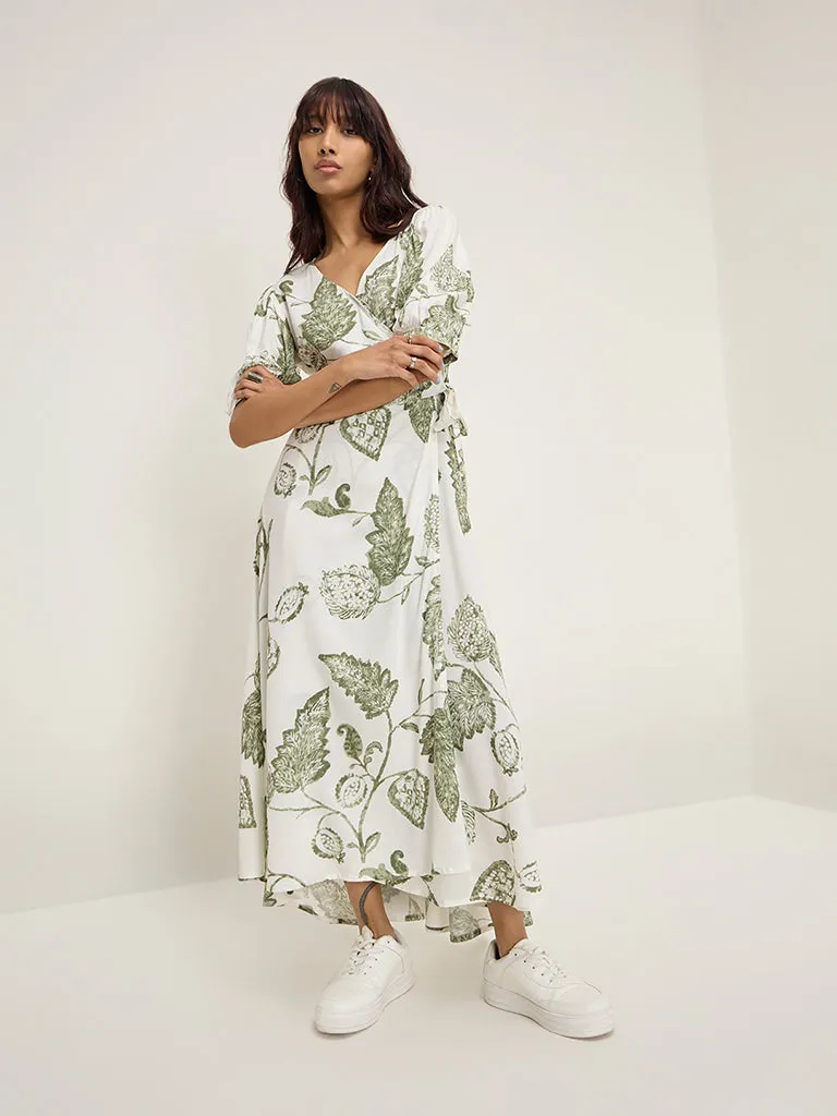 Bombay Paisley Sage Floral Printed Wrap-Style Dress