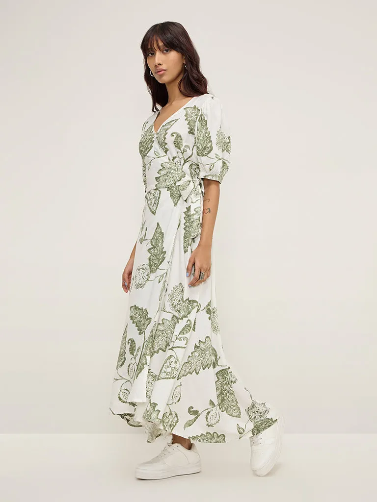 Bombay Paisley Sage Floral Printed Wrap-Style Dress