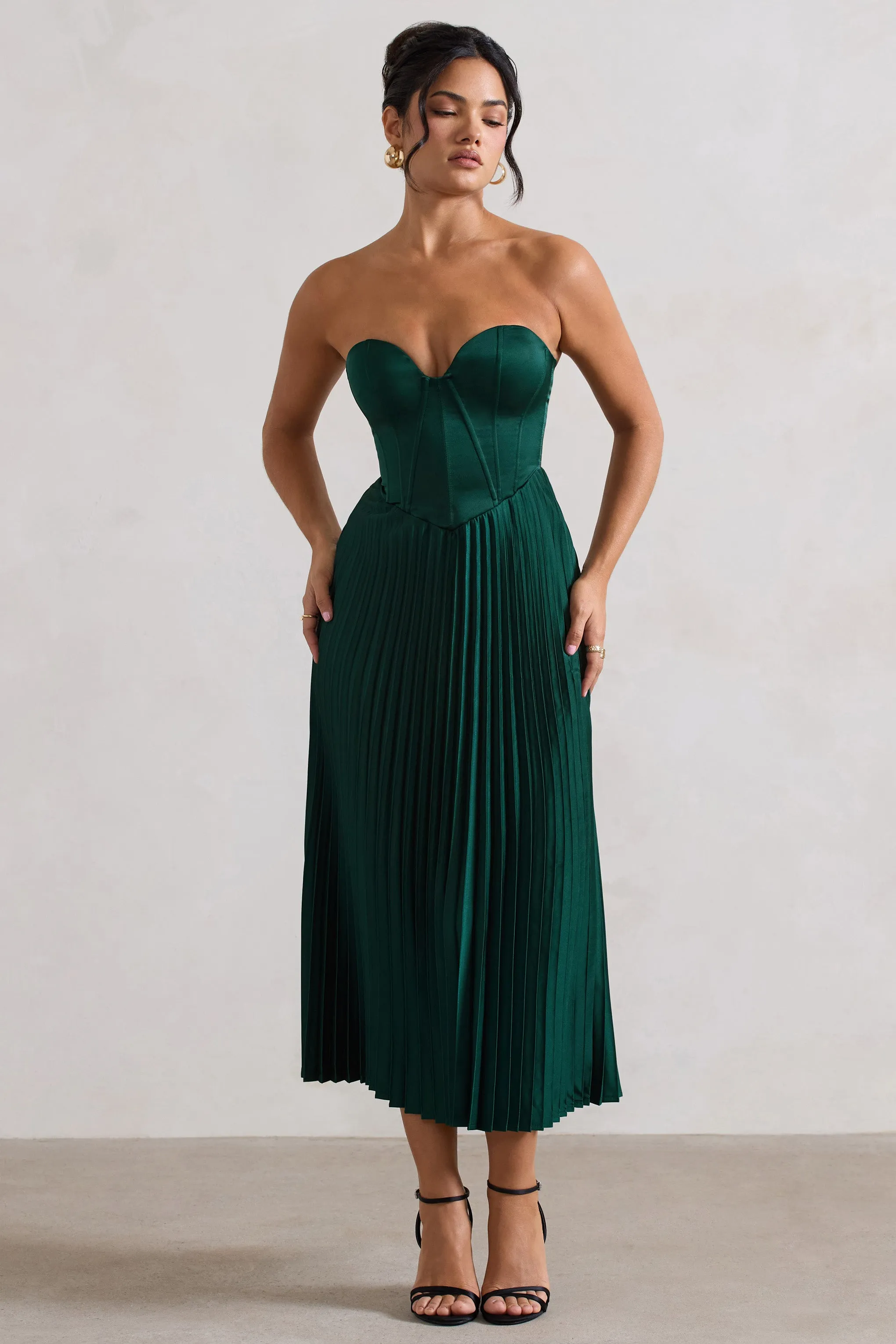 Bordeaux | Bottle Green Satin Corset Style Midi Dress