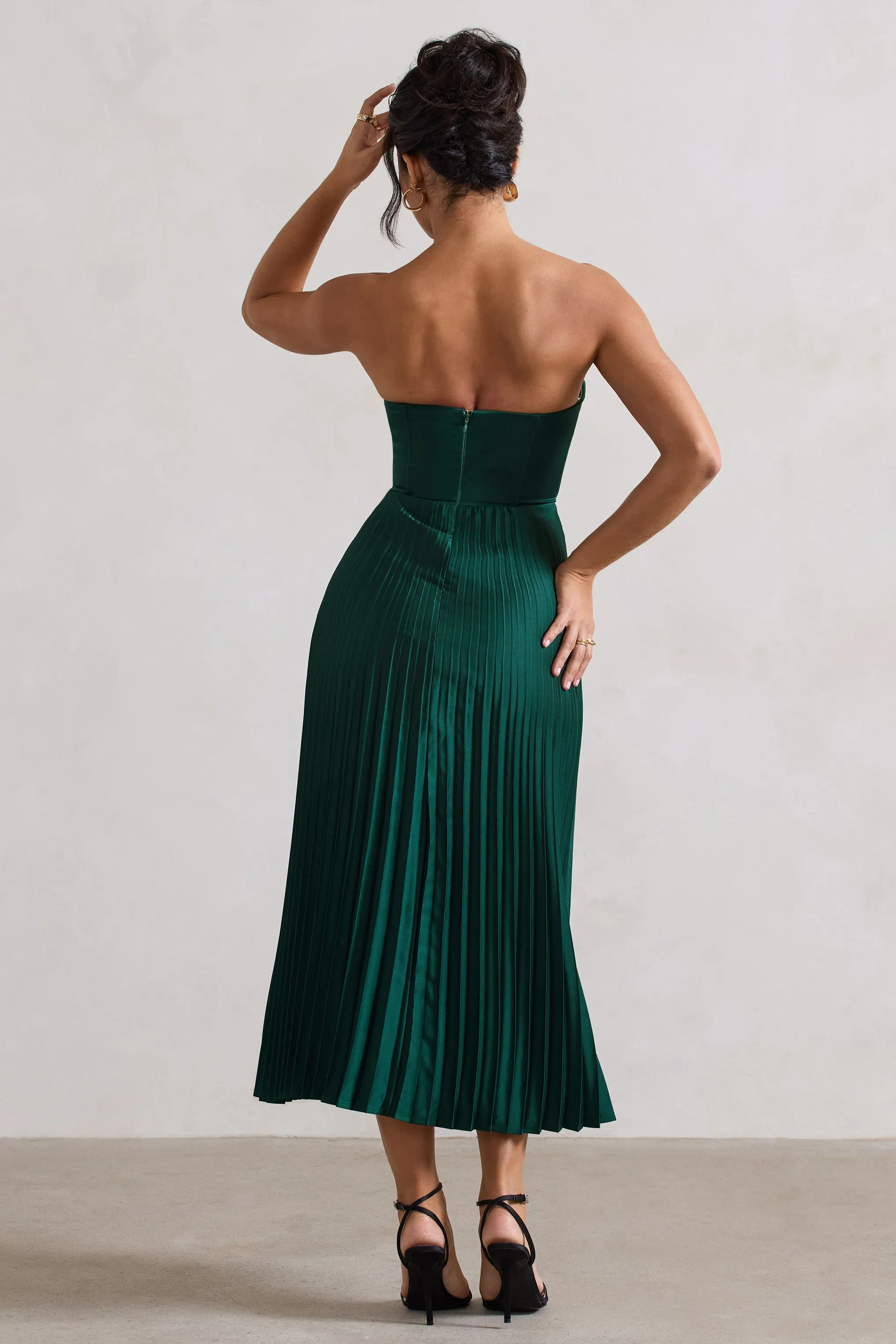 Bordeaux | Bottle Green Satin Corset Style Midi Dress