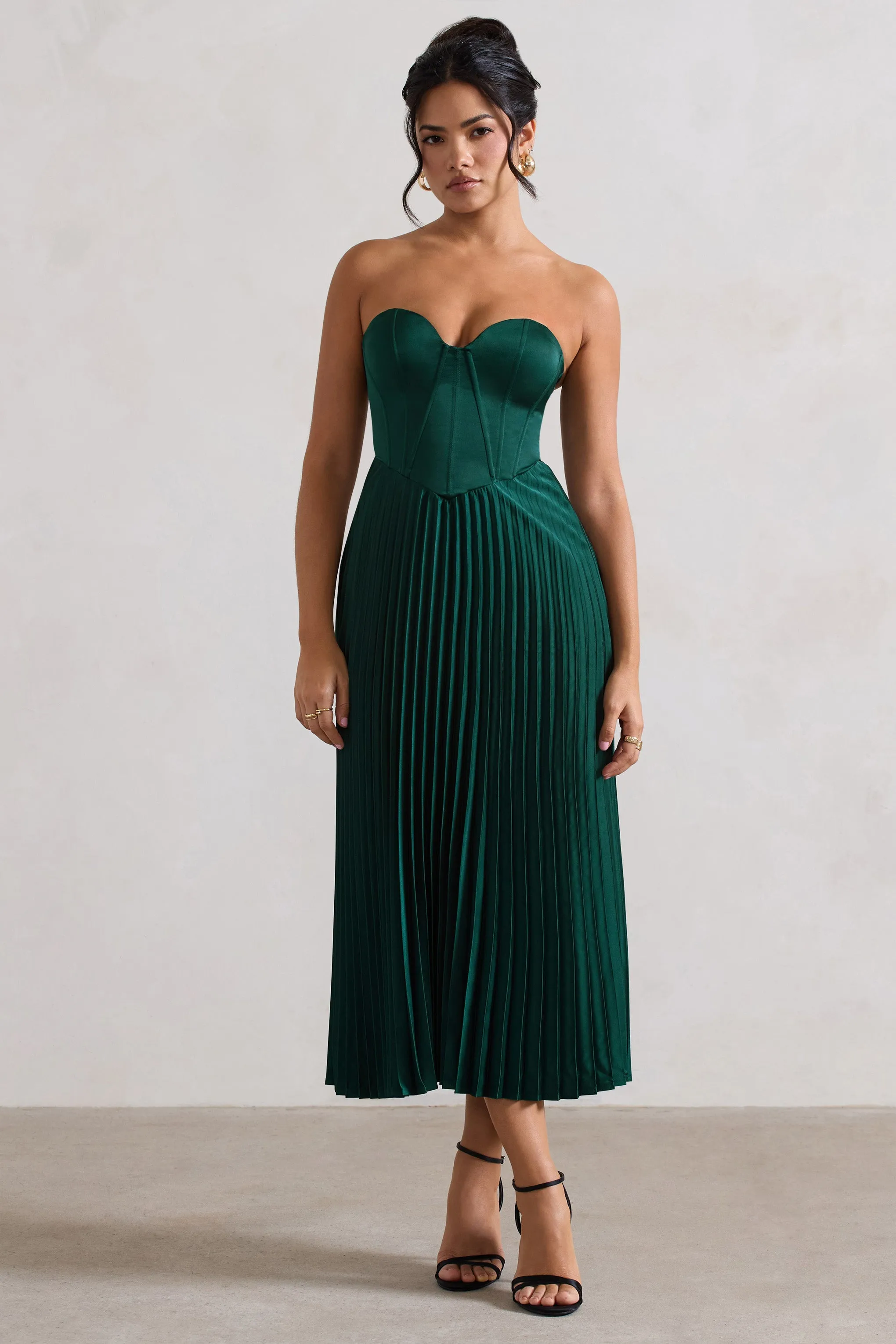 Bordeaux | Bottle Green Satin Corset Style Midi Dress