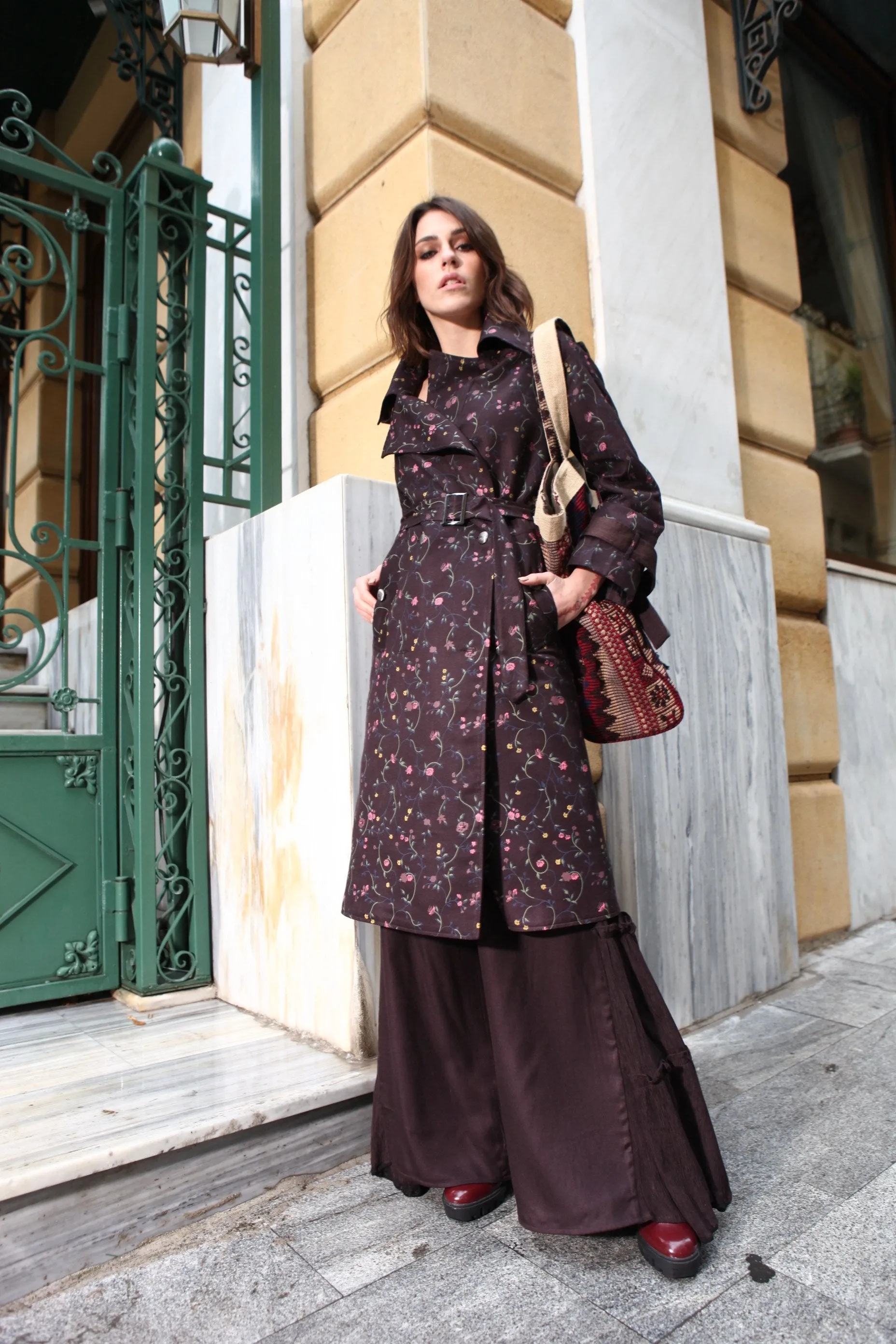 Brown Printed Trench & Palazzo