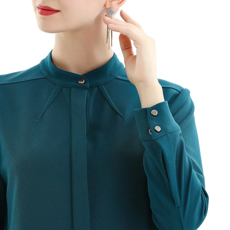 C053 Women solid long sleeves band collar seam-detail midi shirt dress