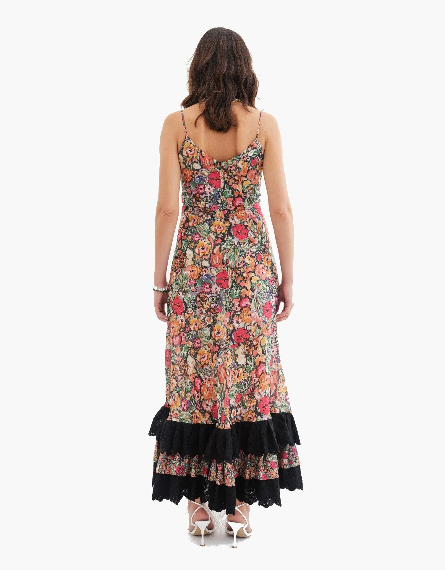 Cleopatra Silk Midi Slip Dress with Ruffle, Botanic Floral