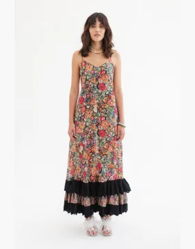 Cleopatra Silk Midi Slip Dress with Ruffle, Botanic Floral