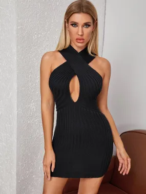 Criss-cross Wrap Halter Peekaboo Rib-knit Bodycon Jumper Dress