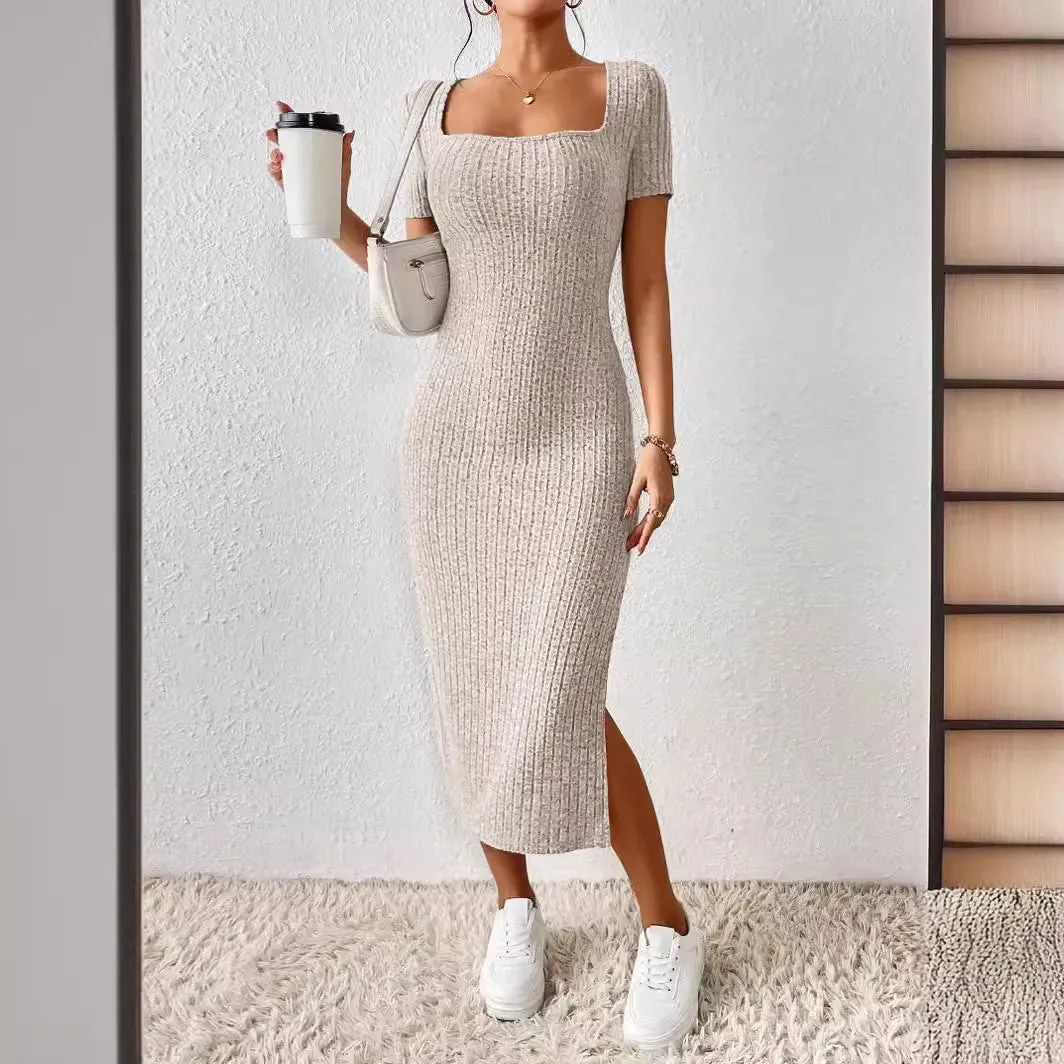 European and American Style 2024 Summer New  Women's Clothing Fashion Square Collar Sexy Slim-Fit Slit Hip-Wrapped Dress Women